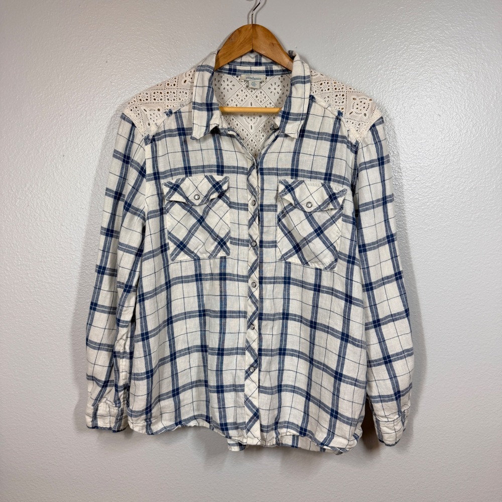 Sundance Button Down Women PXL Blue White Plaid Eyelet Lace Linen Top Boho